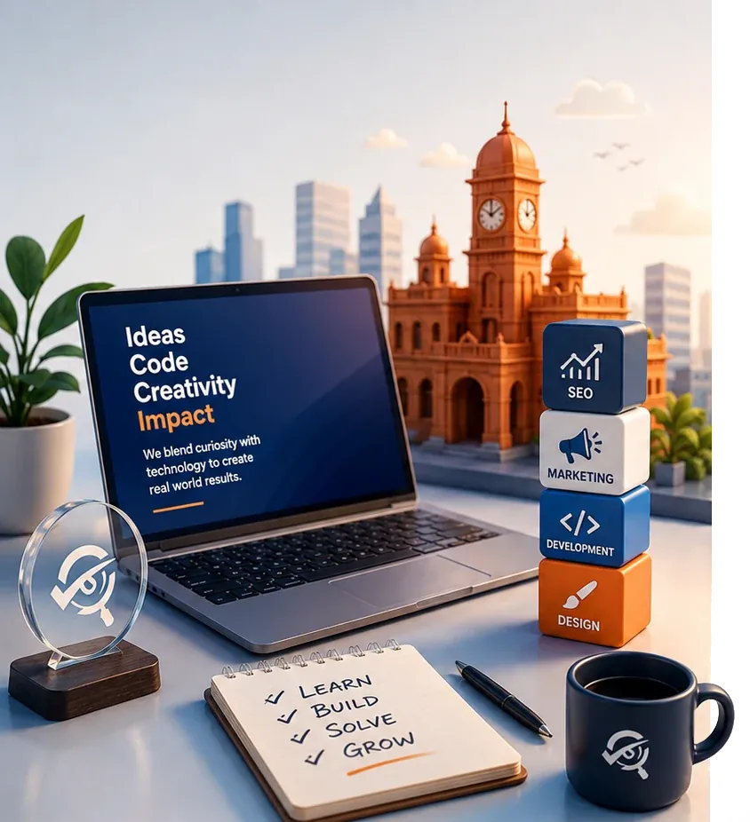 ExtroVision creative technology workspace with strategy, SEO, marketing and design objects