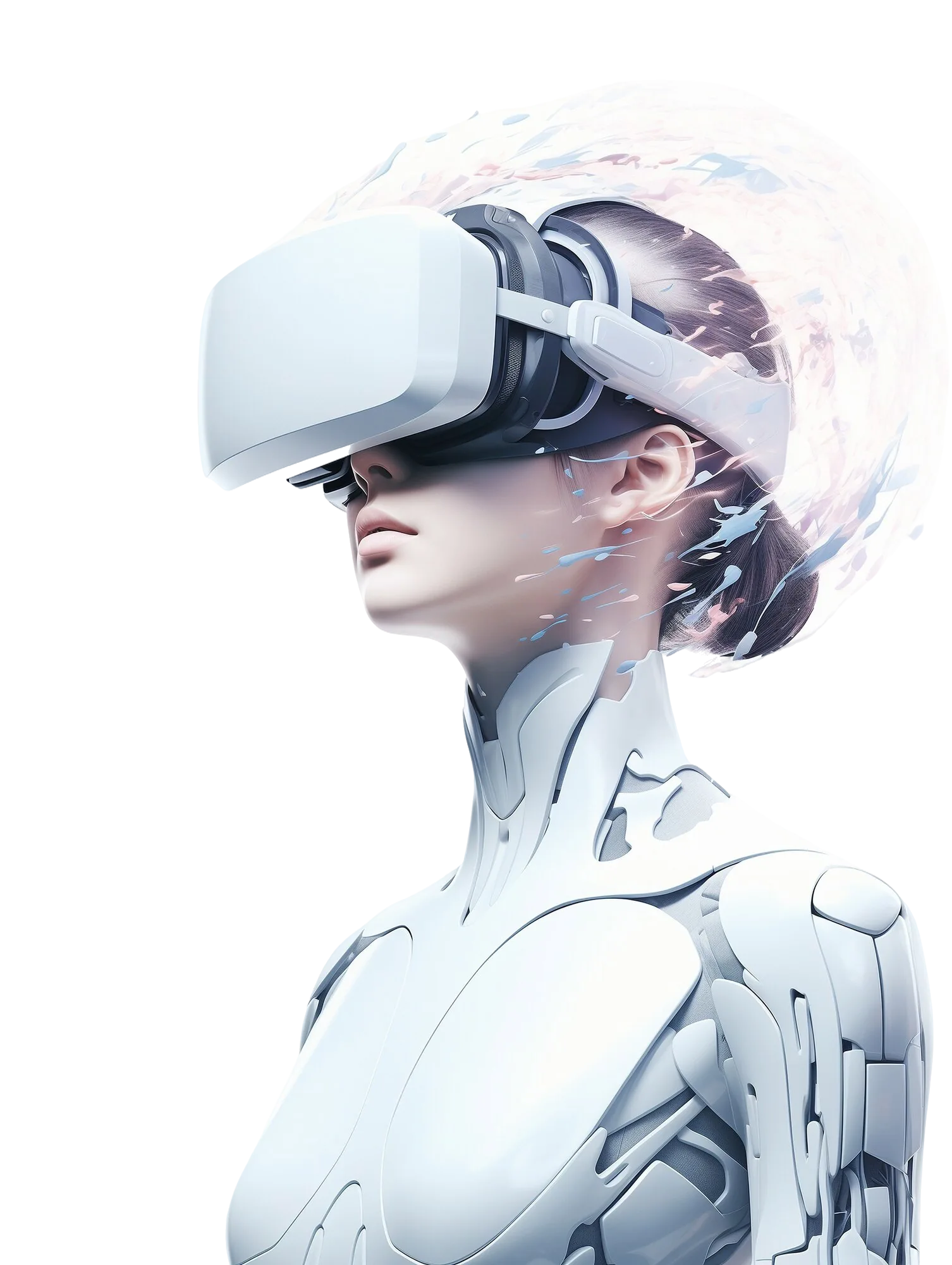 Futuristic AI woman in virtual reality glasses representing immersive digital growth systems