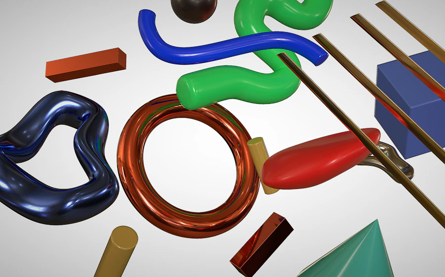 Colourful brand and design elements laid out in a studio